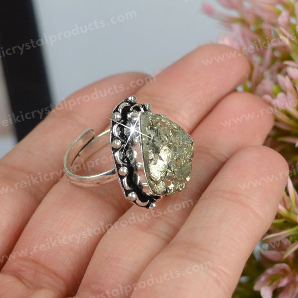 Certified Natural Pyrite Rough Crystal Stone Drop Design Adjustable Ring