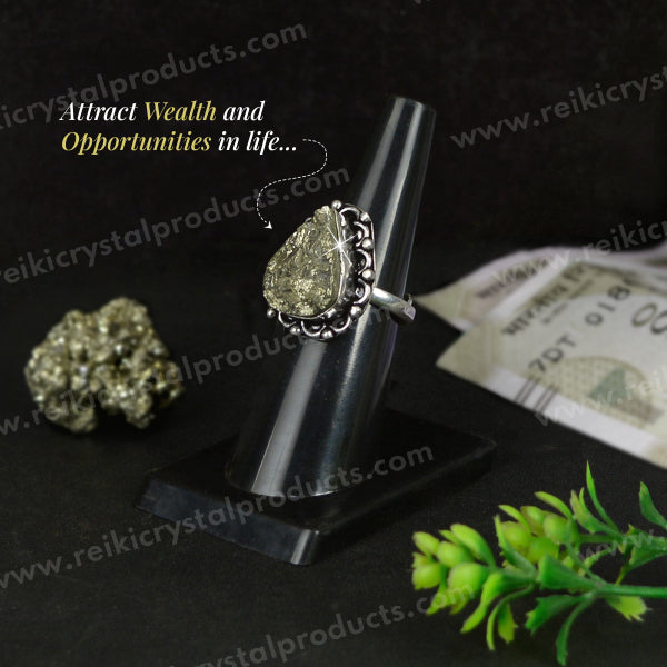 Certified Natural Pyrite Rough Crystal Stone Drop Design Adjustable Ring