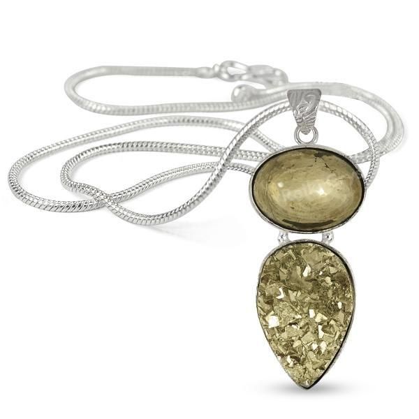 Natural Pyrite Oval shape Pendant/Locket With Metal Chain For Unisex