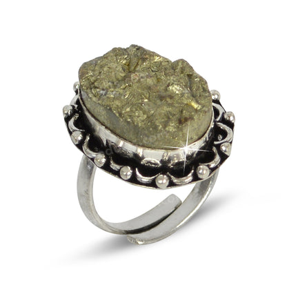 Certified Natural Pyrite Rough Crystal Stone Oval Design Adjustable Ring