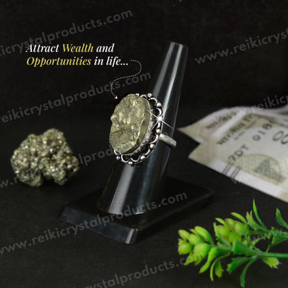 Certified Natural Pyrite Rough Crystal Stone Oval Design Adjustable Ring