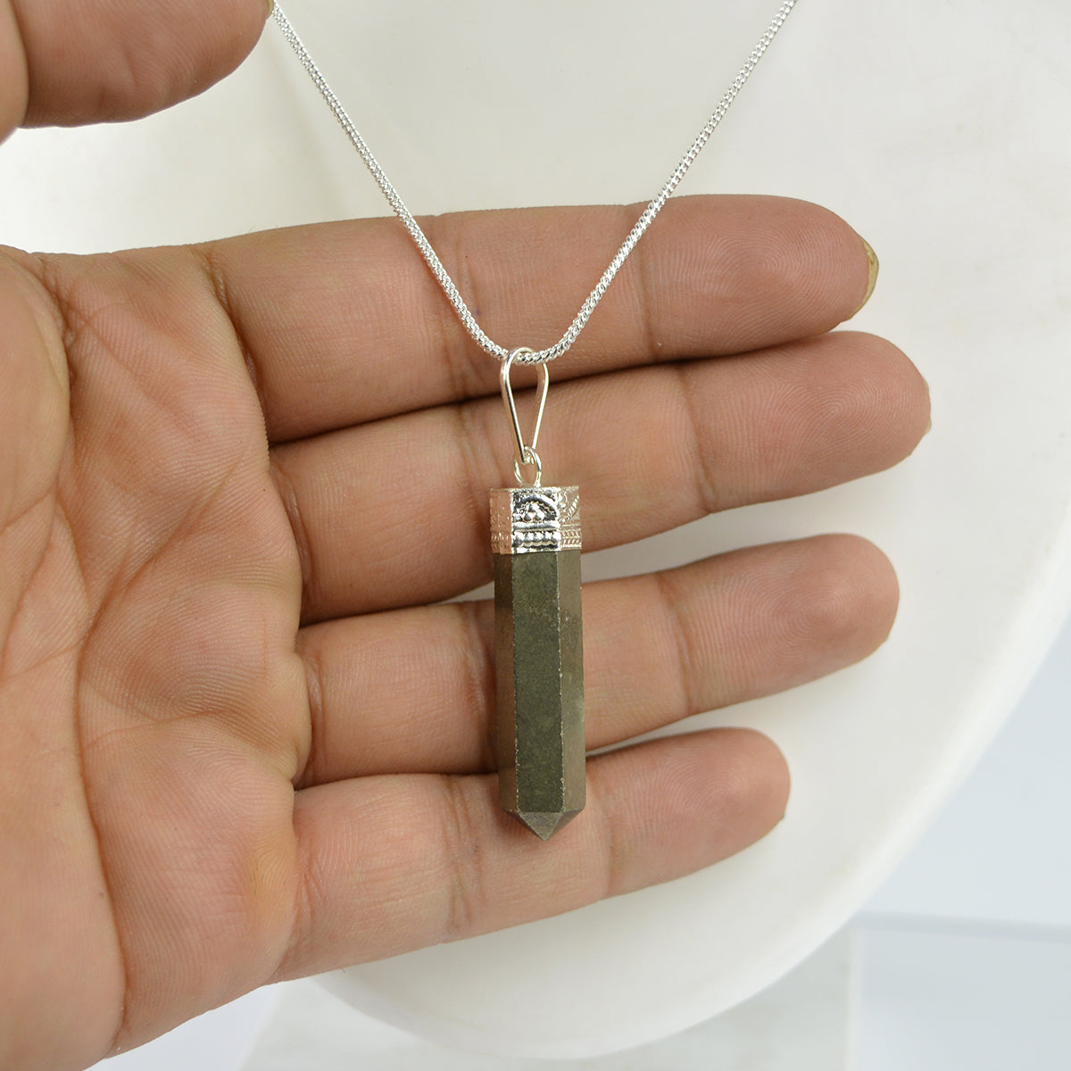 Certified Natural Pyrite Pencil Shape Pendant / Locket with Chain for Unisex