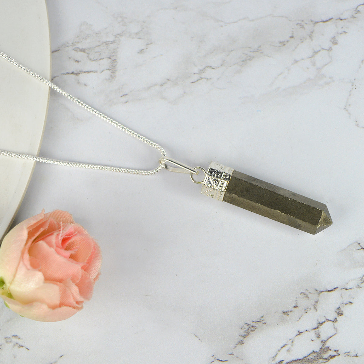 Certified Natural Pyrite Pencil Shape Pendant / Locket with Chain for Unisex