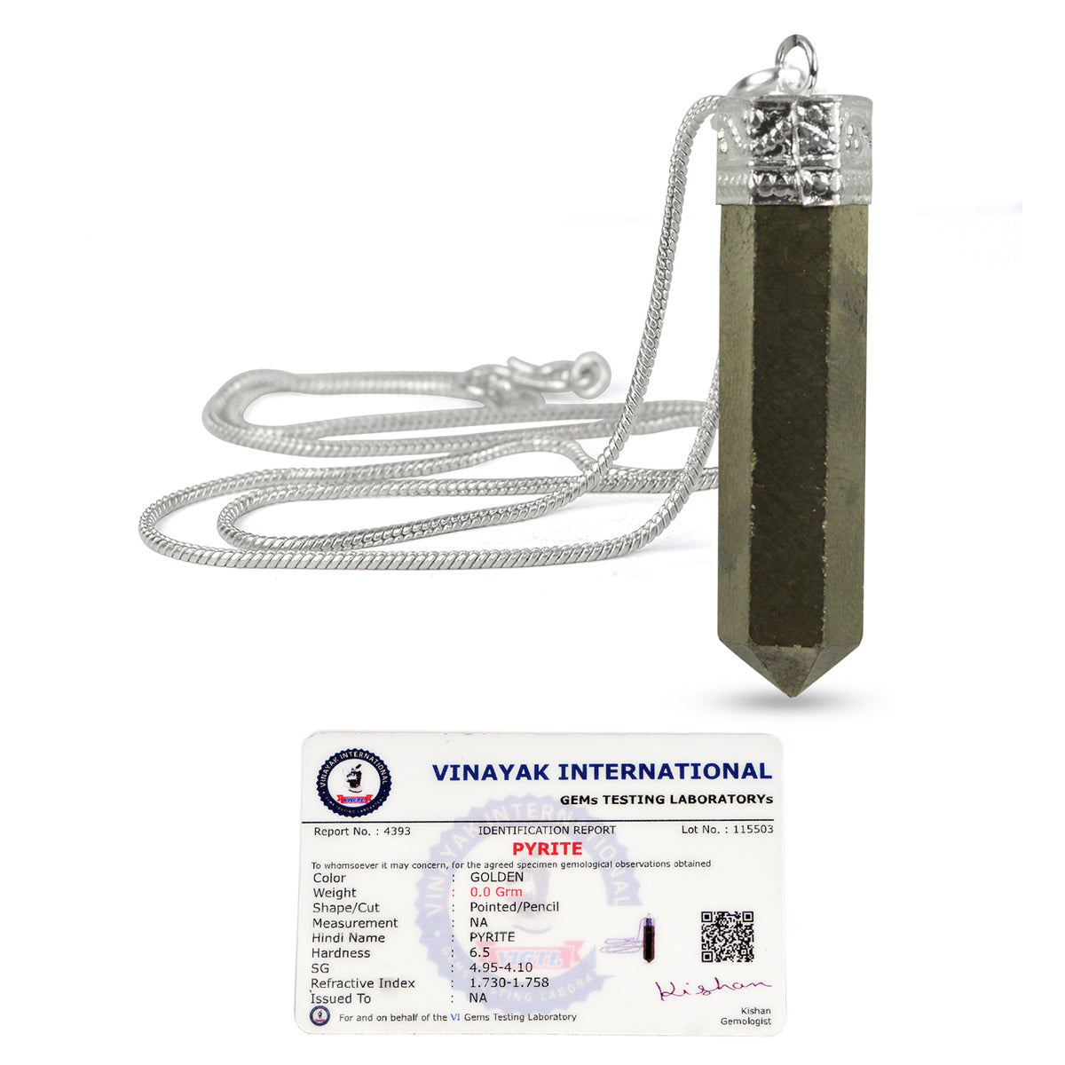 Certified Natural Pyrite Pencil Shape Pendant / Locket with Chain for Unisex