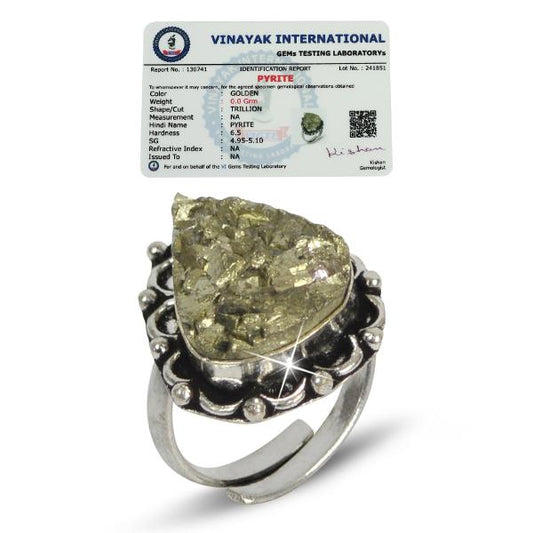 Certified Natural Pyrite Rough Crystal Stone Drop Design Adjustable Ring