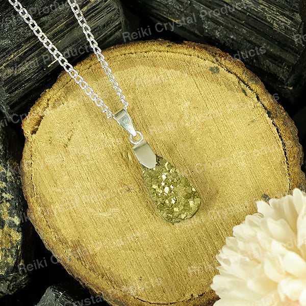 Natural Rough Pyrite Drop Pendant With Metal Chain For Unisex