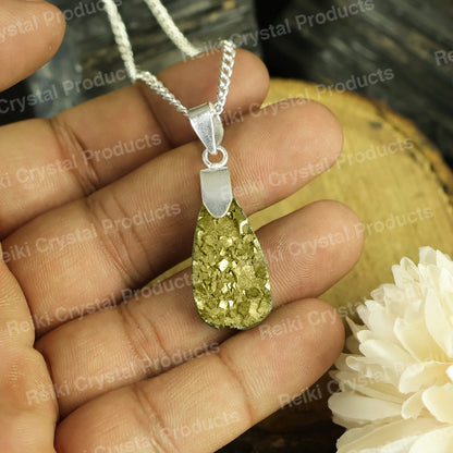 Natural Rough Pyrite Drop Pendant With Metal Chain For Unisex