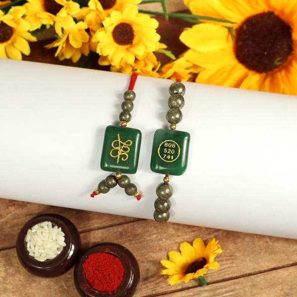 Rakhi Lumba Set Crystal Stone Pyrite with Green Aventurine Jade Zibu Coin Combo Rakhi Set for Bhaiya Bhabhi and Brother Sister (2 Pc) | Reiki Energized Raksha Bandhan Rakhi for Prosperity, Good Luck & Family Bonding