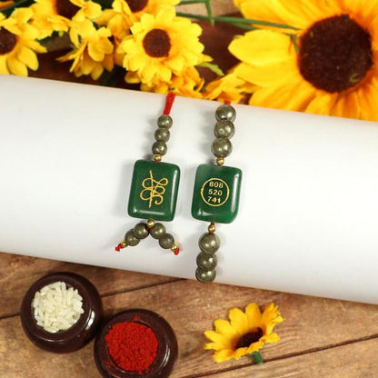 Rakhi Lumba Set Crystal Stone Pyrite with Green Aventurine Jade Zibu Coin Combo Rakhi Set for Bhaiya Bhabhi and Brother Sister (2 Pc) | Reiki Energized Raksha Bandhan Rakhi for Prosperity, Good Luck & Family Bonding