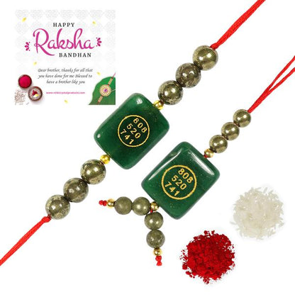 Rakhi Lumba Set Crystal Stone Pyrite with Green Aventurine Jade Zibu Coin Combo Rakhi Set for Bhaiya Bhabhi and Brother Sister (2 Pc) | Reiki Energized Raksha Bandhan Rakhi for Prosperity, Good Luck & Family Bonding