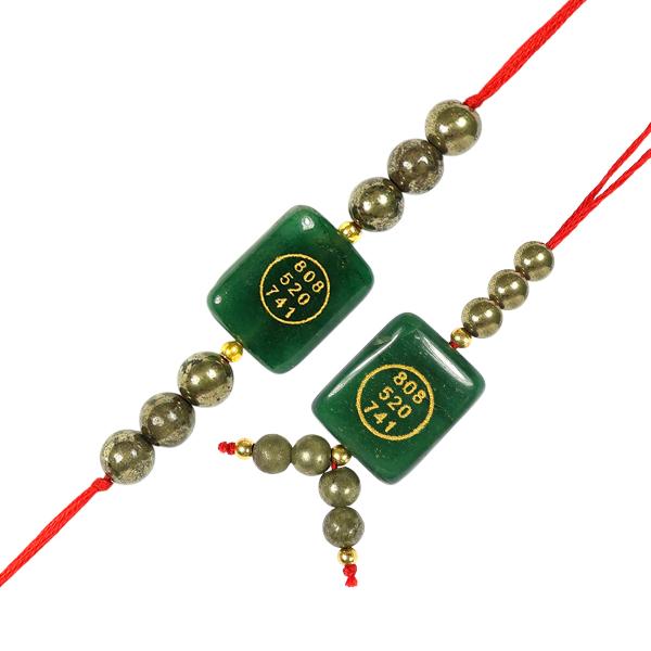 Rakhi Lumba Set Crystal Stone Pyrite with Green Aventurine Jade Zibu Coin Combo Rakhi Set for Bhaiya Bhabhi and Brother Sister (2 Pc) | Reiki Energized Raksha Bandhan Rakhi for Prosperity, Good Luck & Family Bonding