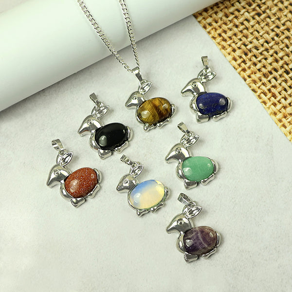 Natural Crystal Stone Rabbit Shape Pendant - Locket with Metal Chain