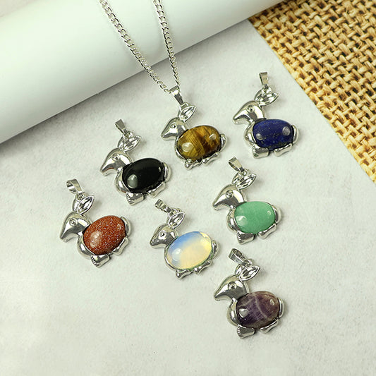 Natural Crystal Stone Rabbit Shape Pendant - Locket with Metal Chain