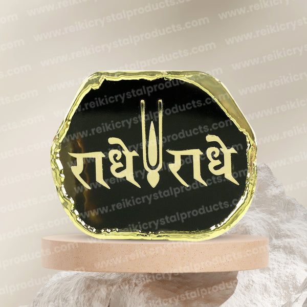 Crystal Stone Agate Radhe Radhe Symbol Sileces & Coaster for Table Decoration