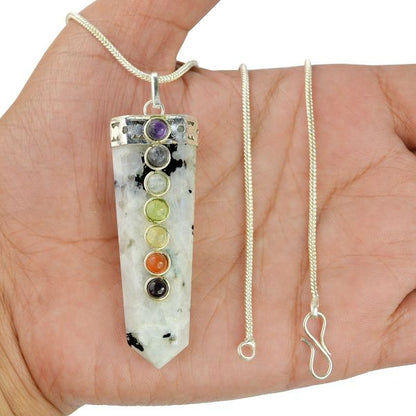 Natural Crystal Stone 7 Chakra Flat Stick Pendant Size 45-50 mm with Metal Chain