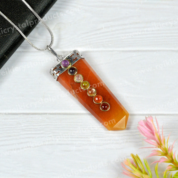 Natural Crystal Stone Flat Stick 7 Chakra Beads Pendant Size 45-50 mm with Metal Chain