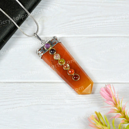 Natural Crystal Stone Flat Stick 7 Chakra Beads Pendant Size 45-50 mm with Metal Chain