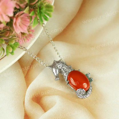 Natural Crystal Stone Seahorse Shape Pendant - Locket with Metal Chain