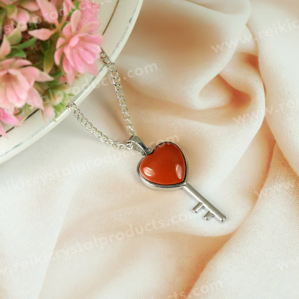 Natural Crystal Stone Heart Key Shape Pendant - Locket with Metal Chain