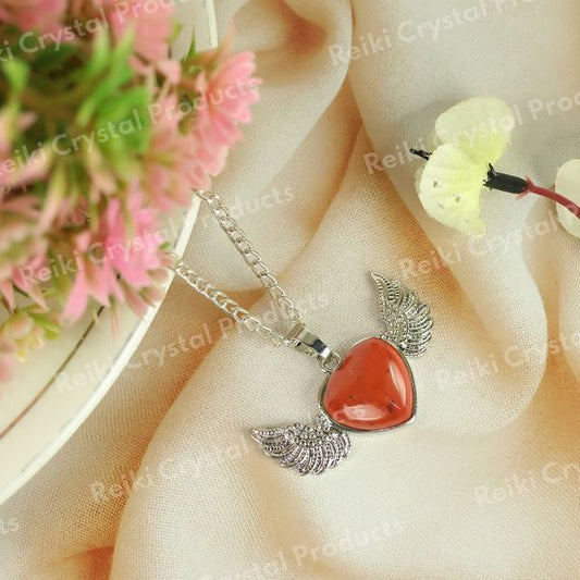 Natural Crystal Stone Angel Wings Heart Shape Pendant - Locket with Metal Chain