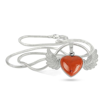 Natural Crystal Stone Angel Wings Heart Shape Pendant - Locket with Metal Chain
