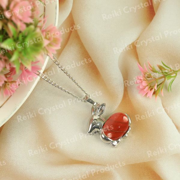 Natural Crystal Stone Rabbit Shape Pendant - Locket with Metal Chain