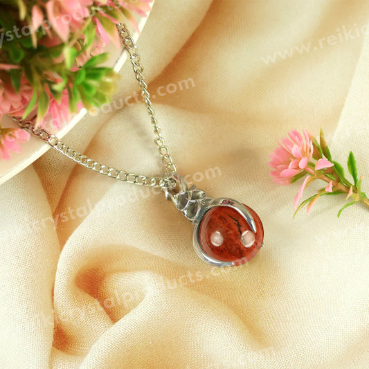 Natural Red Jasper Crystal Stone Ball Shape Pendant - Locket with Metal Chain