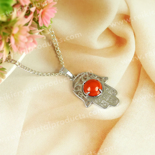 Natural Crystal Stone Hamsa Charm Pendant - Locket with Metal Chain