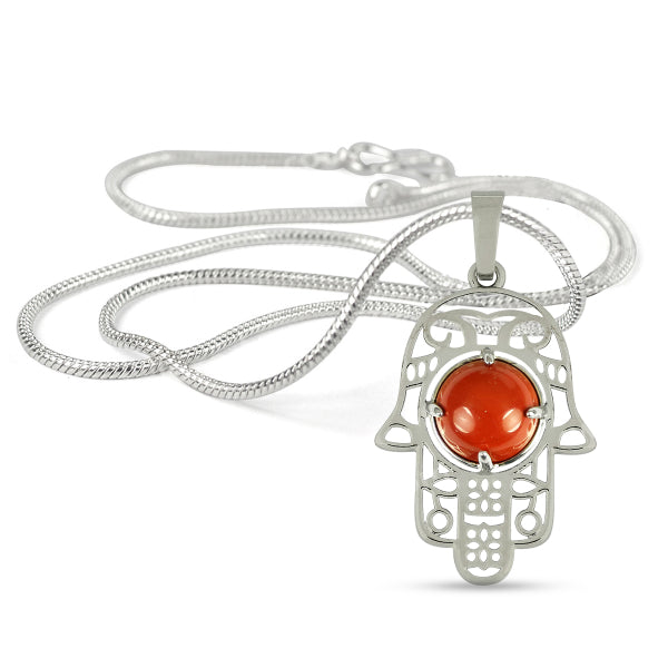 Natural Crystal Stone Hamsa Charm Pendant - Locket with Metal Chain
