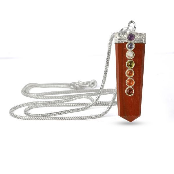 Natural Red Jasper Flat Stick 7 Chakra Beads Pendant with Metal Chain