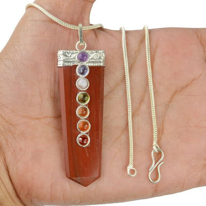 Natural Red Jasper Flat Stick 7 Chakra Beads Pendant with Metal Chain