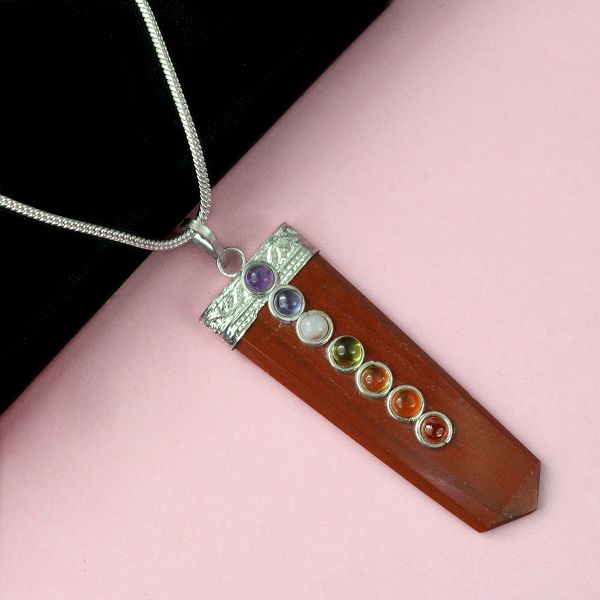 Natural Red Jasper Flat Stick 7 Chakra Beads Pendant with Metal Chain
