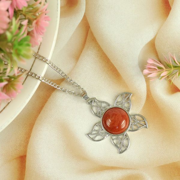 Natural Crystal Stone Flower Shape Pendant - Locket with Metal Chain