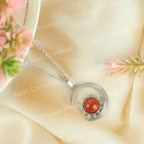 Natural Crystal Stone Sun And Moon Shape Pendant - Locket with Metal Chain