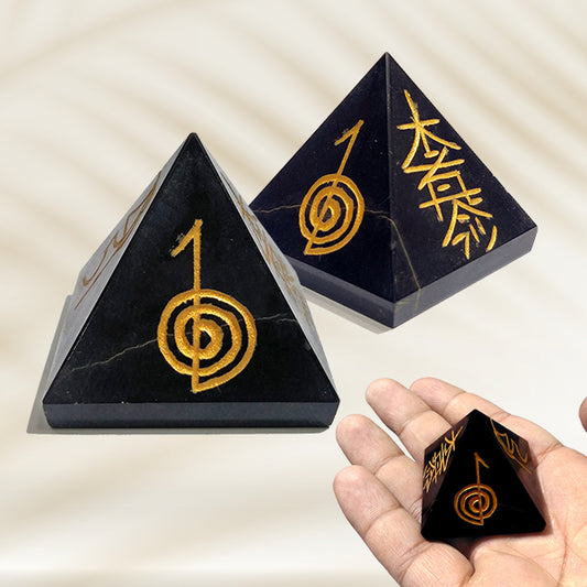 Natural Black Tourmaline Reiki Symbol Engraved Pyramid
