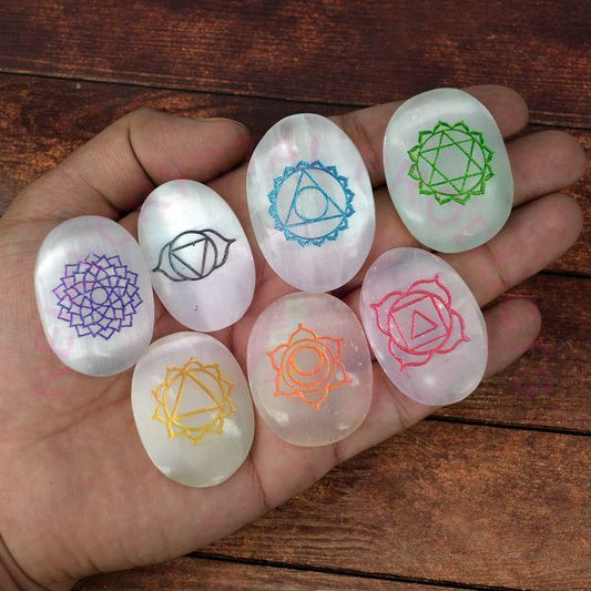 Selenite 7 Chakra Symbol Engraved Set for Reiki Healing Crystal Healing