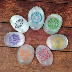 Selenite 7 Chakra Symbol Engraved Set for Reiki Healing Crystal Healing