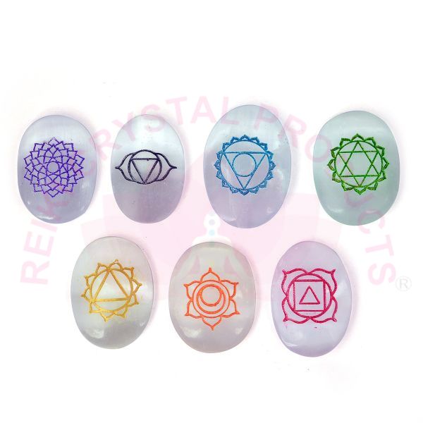 Selenite 7 Chakra Symbol Engraved Set for Reiki Healing Crystal Healing