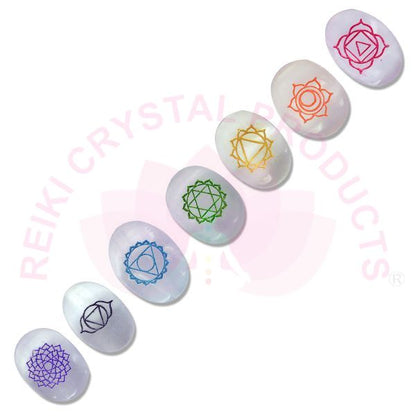 Selenite 7 Chakra Symbol Engraved Set for Reiki Healing Crystal Healing