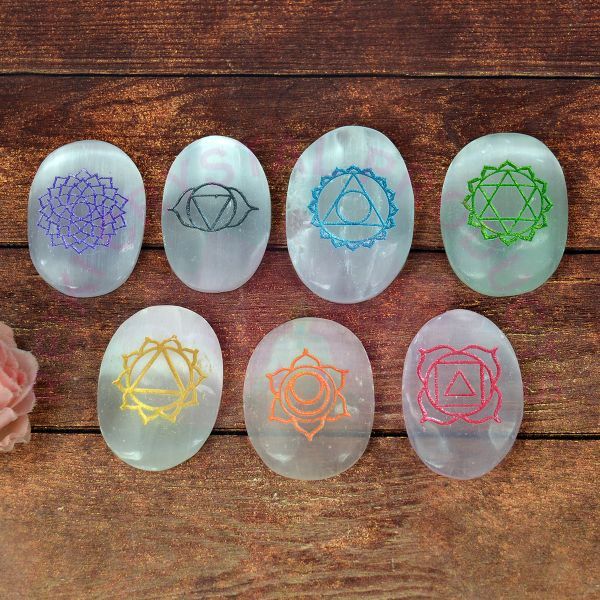 Selenite 7 Chakra Symbol Engraved Set for Reiki Healing Crystal Healing