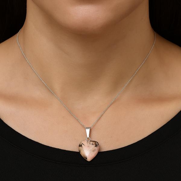 Natural Rhodonite Crystal Stone Heart Shape Pendant Locket with Chain for Women