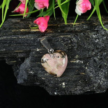 Natural Rhodonite Crystal Stone Heart Shape Pendant Locket with Chain for Women