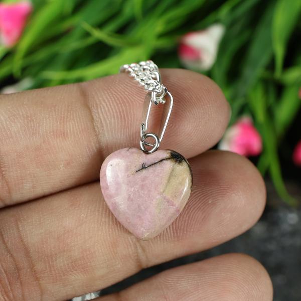 Natural Rhodonite Crystal Stone Heart Shape Pendant Locket with Chain for Women