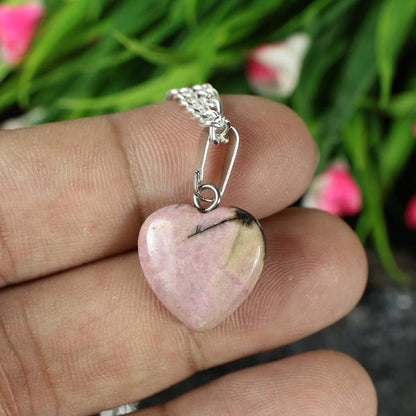 Natural Rhodonite Crystal Stone Heart Shape Pendant Locket with Chain for Women