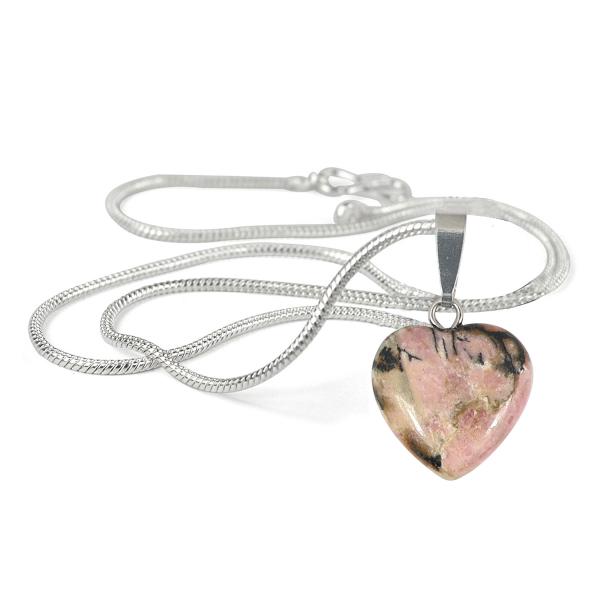 Natural Rhodonite Crystal Stone Heart Shape Pendant Locket with Chain for Women