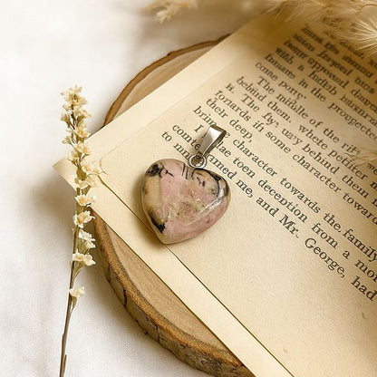 Natural Rhodonite Crystal Stone Heart Shape Pendant Locket with Chain for Women