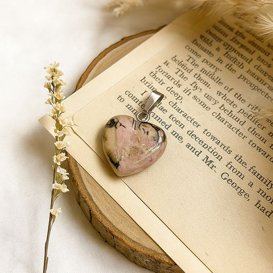 Natural Rhodonite Crystal Stone Heart Shape Pendant Locket with Chain for Women
