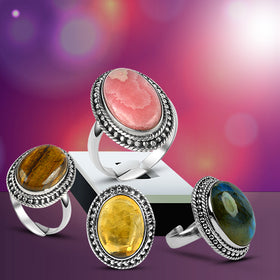 Natural Adjustable Gemstone Silver Ring for Unisex