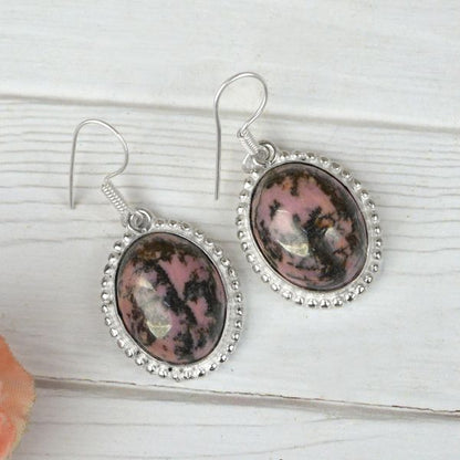 Rhodonite Crystal Stone Oval Shape Earring