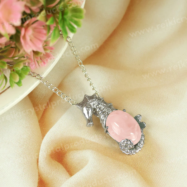 Natural Crystal Stone Seahorse Shape Pendant - Locket with Metal Chain